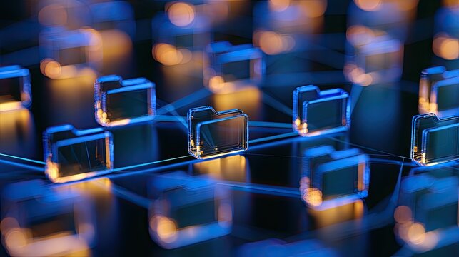 Digital folders connected by glowing blue and orange data streams