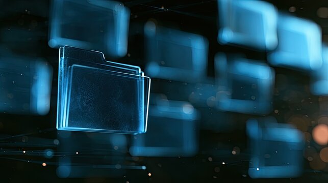Digital glowing folders connect in a dark, abstract network