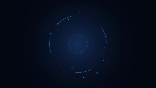 Glowing blue circular radar interface with rotating segments on dark background