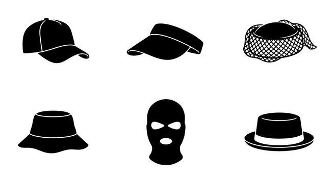 Diverse Headwear Collection, Six Black Silhouette Icons: Baseball Cap, Visor, Ushanka, Bucket Hat, Balaclava, Fedora. Vector Graphics for Fashion and Accessory Concepts.
