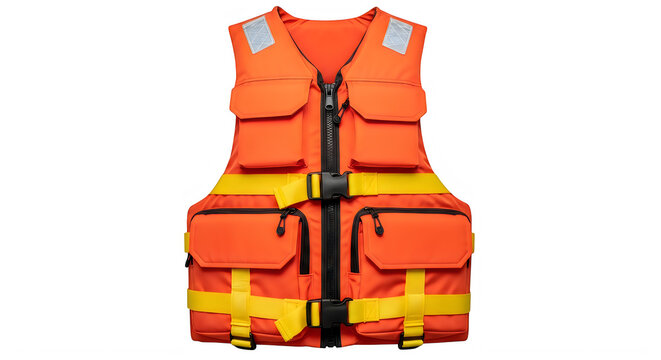 Bright orange professional fishing life vest with multiple pockets isolated on transparent background
