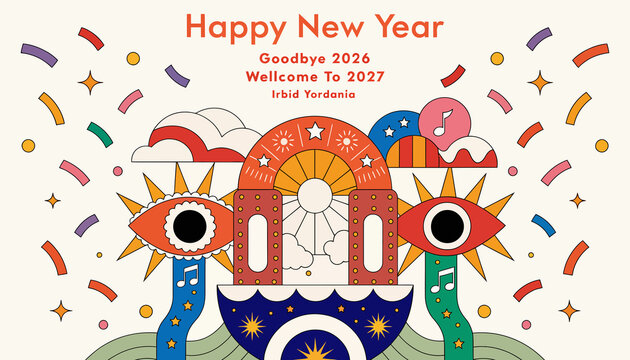 Happy New Year 2027 colorful illustration with eyes and confetti