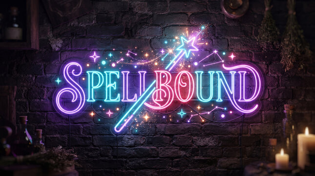 Spellbound neon sign on dark brick wall, magical glowing neon text with magic wand, mystical fantasy neon light art isolated on White Background
