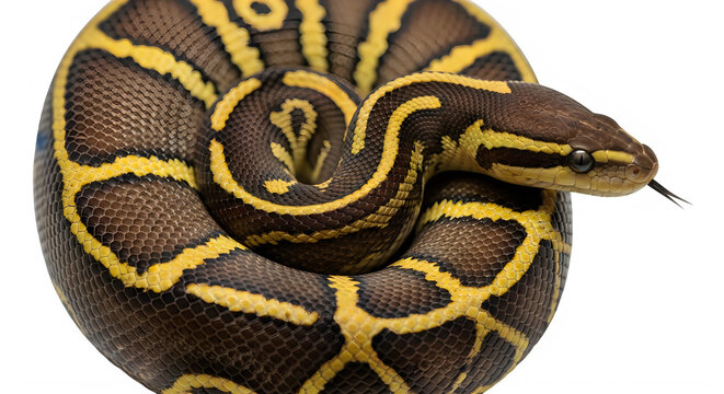 A coiled yellow and brown ball python snake isolated on transparent background