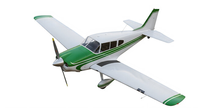 Small private propeller airplane with green and white livery isolated on transparent background