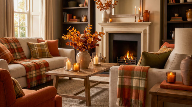 Cozy living room interior decorated for autumn with a warm fireplace and seasonal decor
