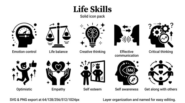 A black solid icon pack representing core life skills including emotion control, life balance, creative thinking, empathy, and effective communication.