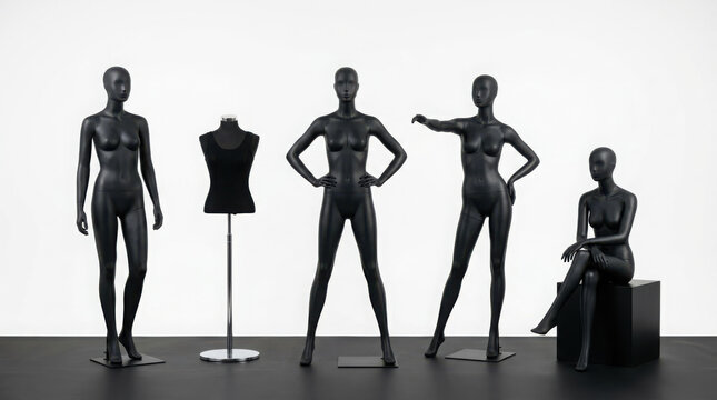 Collection of five mannequins in various poses displayed on a plain generated using ai