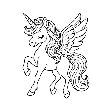 Cute Winged Unicorn Cartoon Outline, Magical Pegasus Horse Line Art Illustration