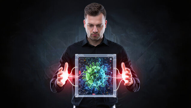 Man holding glowing virus hologram, dark background, health danger concept