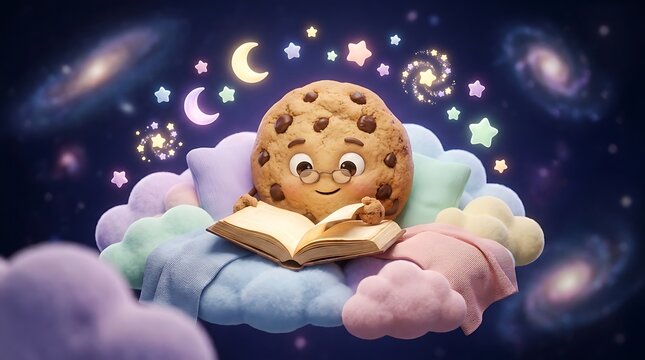 Cute cartoon cookie character reading a book on a soft cloud in space.