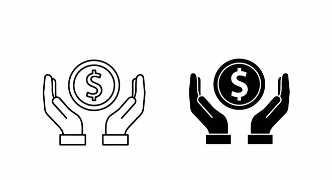 Hands holding dollar coin wealth icon: Flat icon, outline, glyph, linear , logo template - SVG icon - Black Icon, PNG icon- Clipart, sticker - icon set