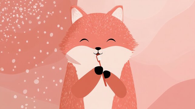 A whical illustration portrays a cheerful fox with closed eyes gently holding a flower stem, set against a soft pink backdrop dotted with light specks and waves.