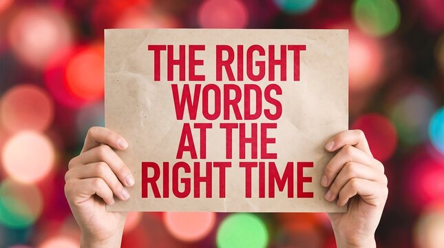 Hands hold a paper sign reading "THE RIGHT WORDS AT THE RIGHT TIME" against a colorful bokeh lights background.