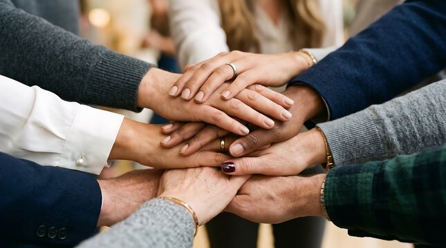 Diverse team stacking hands together in unity, representing teamwork, collaboration, support, and shared success.