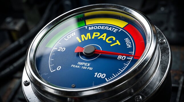 A close-up view of a circular analog gauge labeled "IMPACT" with a red needle pointing to the high red zone, signifying maximum force or performance level.