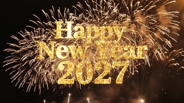 Golden Happy New Year 2027 text with festive fireworks