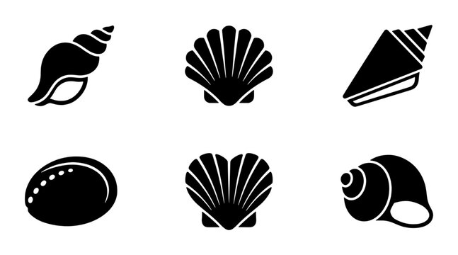 Set of 6 Black Silhouette Seashell Icons, Marine Life Vector Graphics, Ocean Beach Nautical Symbols, Coastal Summer Design Elements