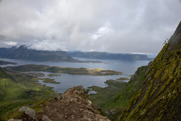 Beautiful summer landscape view of Svolvaer from Mount Floya in Lofoten, Norway © Adam