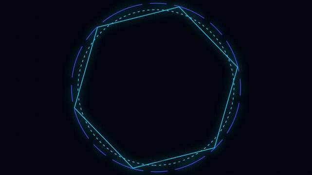 Abstract geometric loop with glowing blue hexagon and dashed circles on dark background.