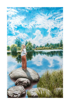 Girl standing on rock at lake shore. Hand drawn colored pencil illustration on paper. Girl enjoying peaceful nature landscape with reflection of blue sky and cloud in water.  Landscape of summer holid