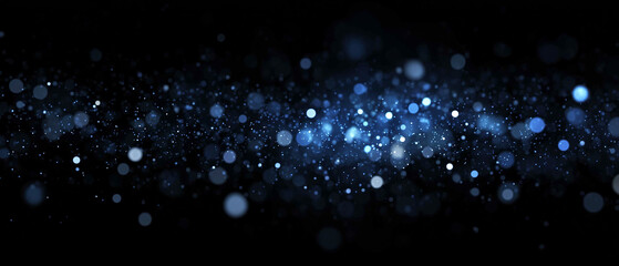 Blue bokeh lights and glowing glitter trail on dark background. Horizontal particle wave banner overlay effect for wide banner designs, sci-fi energy flows,  festive lighting overlays © Russell Edwards