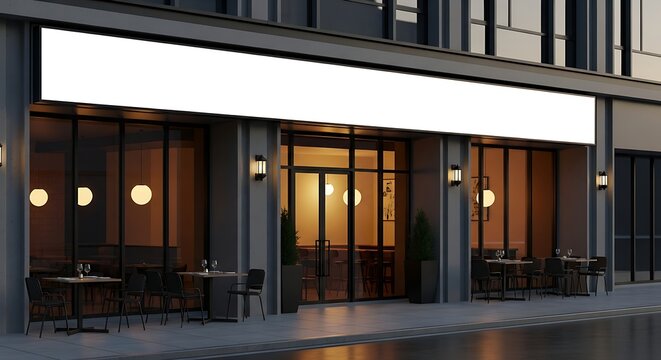 Blank signboard mockup above a modern restaurant facade on a city street.