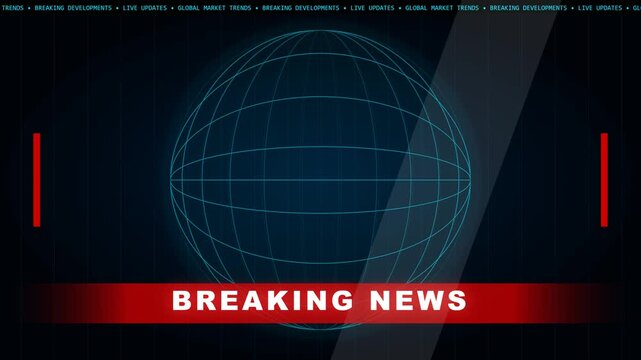 Wireframe globe graphic with red breaking news banner for looping broadcast intro