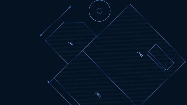 Looping blueprint style blueprint with geometric measurement diagram on dark blue background