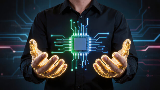 Technology concept digital hand glowing hand microchip circuit board artificial intelligence black shirt futuristic interface