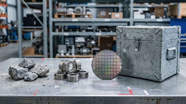 Critical minerals supply chain with rare earth magnets, ore fragments, semiconductor wafer, and sealed export crate.