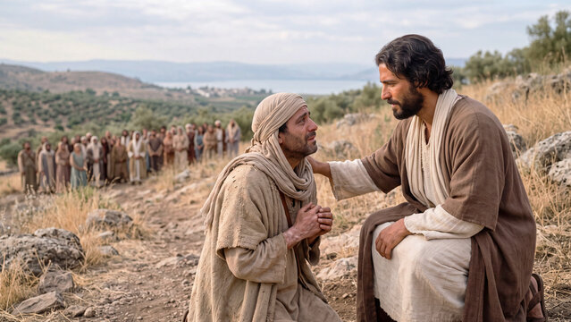 Jesus Christ healing a leper with compassion, biblical miracle story outdoors with crowd
