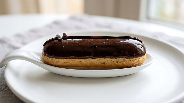 Single glazed chocolate eclair on white plate with minimalist setting, chocolate