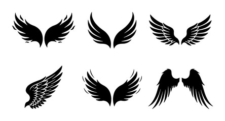 Fototapeta premium Set of 6 Black Angel Wings Vector Icons, Stylized Feathered Wing Graphics for Spiritual, Fantasy, and Heraldic Designs