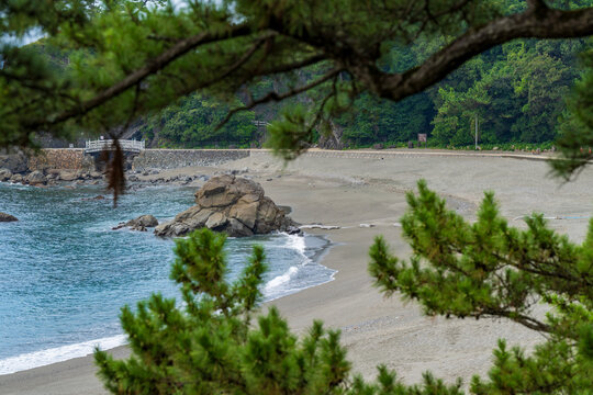 Coastal landscape of Katsurahama Beach with the Pacific Ocean in Kochi, Japan.
