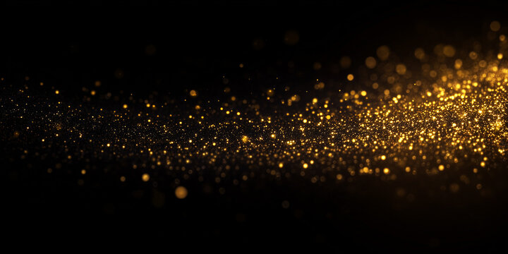 Golden stardust wave and flowing glowing glitter particles on black background. Abstract bright sparkle trail backdrop, sparkling dust, for celebratory and decorative media.