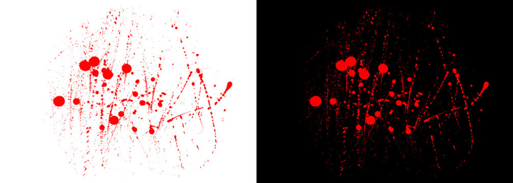Red blood splatters on white and black backgrounds, horror paint drips and drops, abstract crime scene bloodstains for halloween design