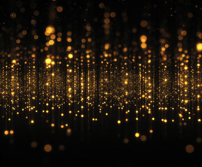 Fototapeta premium Glowing golden bokeh particles on dark background. Golden light trails and shimmering sparkles abstract overlay. Sparkling Christmas festive effect for celebratory or luxury