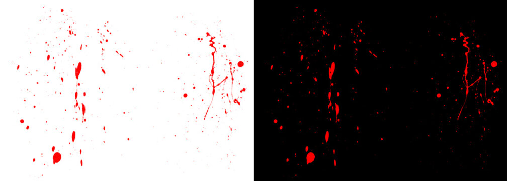Red blood splatters and paint drips, horror bloodstains on white and black backgrounds, crime scene splatter textures
