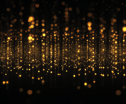Glowing golden bokeh particles on dark background. Golden light trails and shimmering sparkles abstract overlay. Sparkling Christmas festive effect for celebratory or luxury