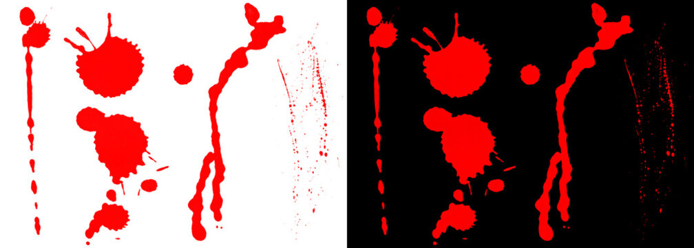 Red blood splatters and paint drips, horror crime scene design elements, abstract liquid drops on black and white backgrounds