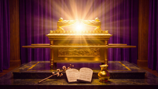 Golden Ark of the Covenant radiating divine light, with stone tablets, blossoming branch, and golden jar on altar