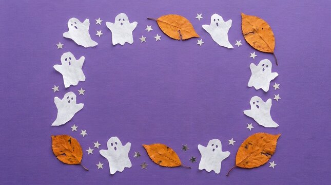 halloween ghost and autumn leaves frame a vibrant purple background with small stars.