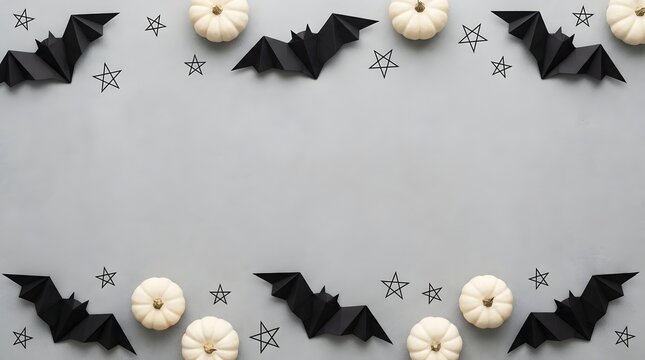 halloween gray background with black paper bats and white pumpkins with star outlines.