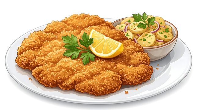 Wiener schnitzel with potato salad, Golden crispy breaded chicken cutlet served with fresh lemon, herbs, and a side of rice and vegetables, creating an appetizing restaurant-style meal.