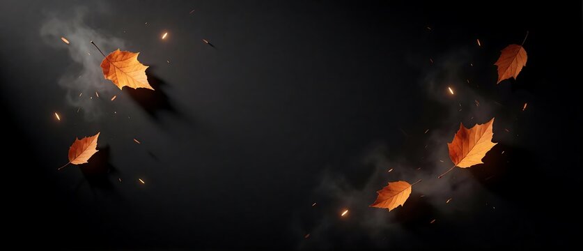 Autumn Leaves Floating on Dark Smoky Background with Glowing Sparks and Dramatic Shadows