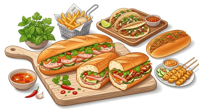 Assorted fresh sandwiches and submarine rolls filled with lettuce, tomatoes, cheese, and savory ingredients, presented as an appetizing fast food selection.