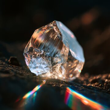 Glowing Crystal Fragment Refracting Rainbow Light Macro