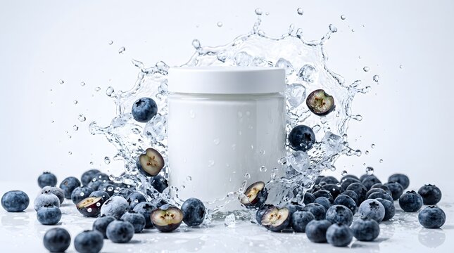 Minimalist white cosmetic container surrounded by a refreshing water splash and small blue berries on a bright background, ideal for skincare and beauty product advertising.