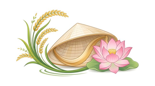 Traditional conical rice hat illustrated with golden rice stalks and a pink lotus flower on a clean white background, representing Asian heritage and agricultural traditions.